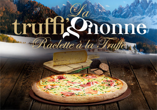 Présentation de la pizza Truffi'gnonne de Basilic & Co avec un fond montagneux